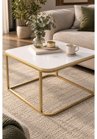 Sulorahome Beyaz Kare Orta Sehpa Gold Metal Ayaklı Beyaz - Altın