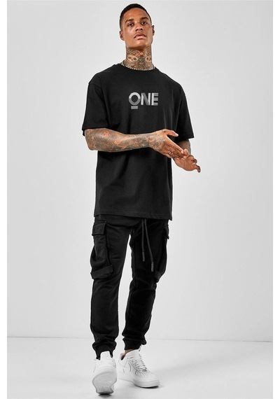 Siyah One Baskılı T-shirt Unisex Oversize Rahat Kalıp Siyah