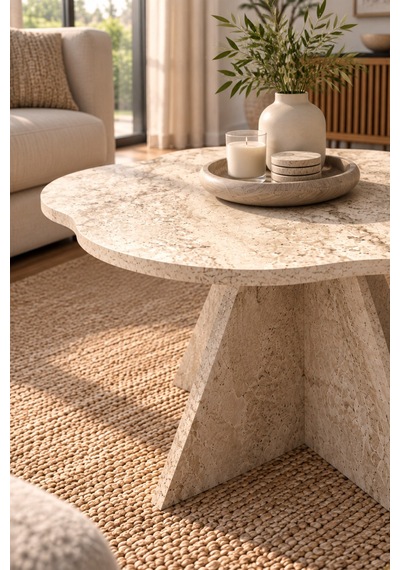 Sulorahome Çiçek Formlu Traverten Desenli Bej Orta Sehpa 70 Cm Akçaağaç