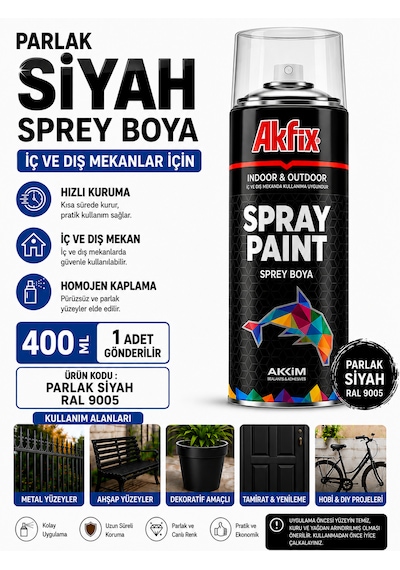 Akfix Sprey Boya Renk Seçiniz 400 Ml İç Ve Dış Cephede Kullanılabilir Mükemmel Kapatıcılık Parlak Siyah