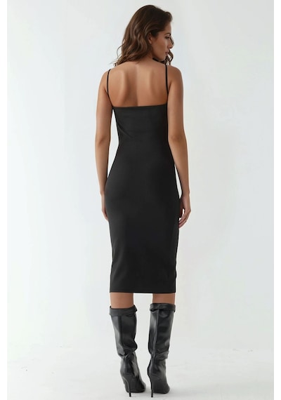 Hiccup Degaje Yaka Bodycon Midi Elbise Siyah