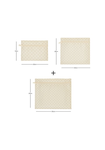 Ocean Home Textile 3'lü Su Geçirmez Pvc Astarlı Bej Dama Desen Islak Kuru Çantası 20 X 13 / 24 X 20 / 30 X 24 Cm