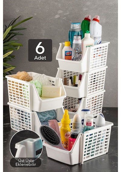 6 Adet Üst Üste Eklenebilir Çok Amaçlı Banyo Mutfak Rafı - Kiler Dolap İçi Düzenleyici Organizer Beyaz