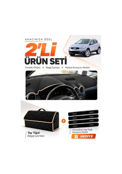Nissan Qashqaı J10 2007-2014 Uyumlu Torpido Örtüsü + Tay Tüyü Bagaj Çantası + Sticker - Siyah Bej