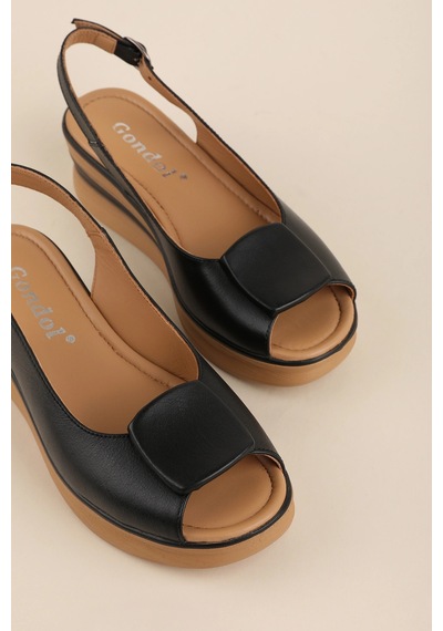 Gondol Hakiki Deri Platform Taban Sandalet Pkr.1802 Siyah