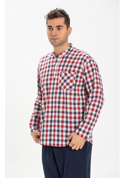 Uzun Kol Şile Bezi Hakim Yaka Erkek Tshirt Kırmızı Lacivert Karel