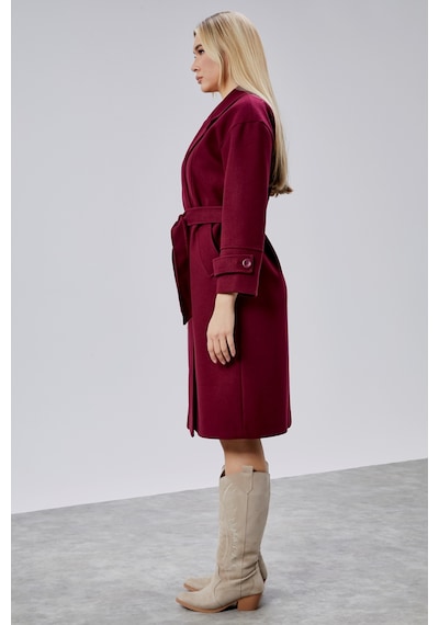 Bordo Kuşaklı Oversize Kaşe Kaban Bordo