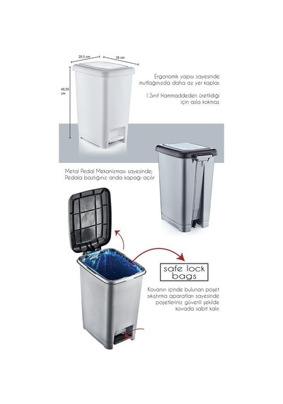 Omnipazar Sy-4283 Slim Pedallı Gri Plastik Çöp Kova Siyah 40 L Siyah