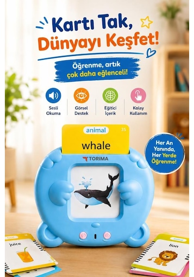 Çocuk Tableti İngilizce Sesli Erken Eğitim Tableti 112 Çift Taraflı Kartlı Y2 Mavi