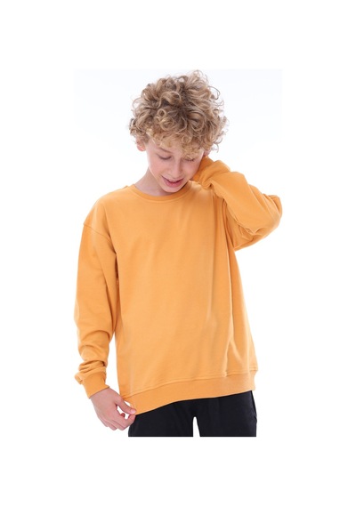 Zuzunga Unisex Basic Düz Hardal Renk %100 Pamuk Sweatshirt 2-11 Yaş Turuncu