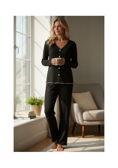 Fantezia Night Premium Kadın Fitilli Pijama Takımı Siyah Gold Biye Detaylı, Yumuşak Dokulu Ev Şıklığı