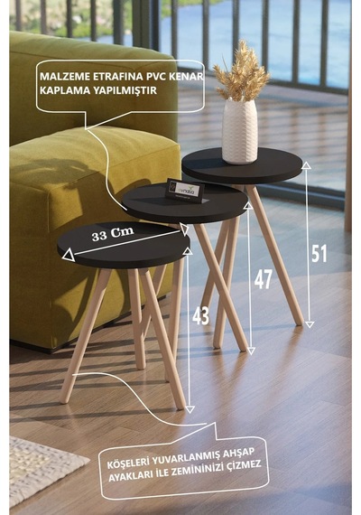 Tekli Yan Sehpa Çiçeklik Saksılık Standı Dekoratif Yan Sehpa Seti Ahşap Ayaklı 33 Cm Çap - Siyah Siyah