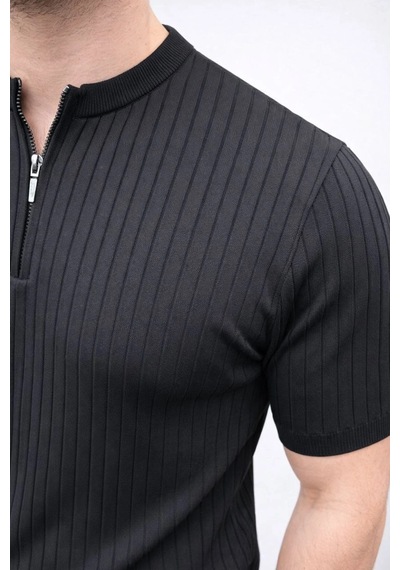 Erkek Kısa Kol Fitilli Triko T-shirt Yazlık Hakim Yaka Tişört - Siyah Çok Renkli