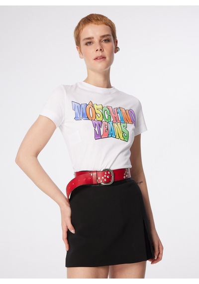 Moschino Jeans Beyaz Kadın Yuvarlak Yaka Baskılı T-shirt 241k1a0708