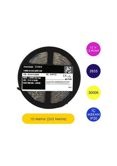 Hexus Samsung Çipli 12v 2835 Şerit Led İç Mekan Ip20 12w/mt 8mm 60 Led, 3000k - Gün Işığı, 10 Metre
