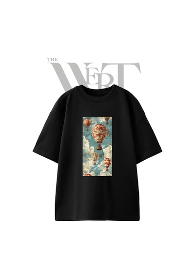 Thewert Hot Air Balloon Tasarım Baskılı Ünisex Siyah Oversize T-shirt