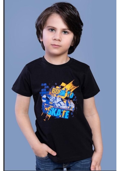 Toontoy Kids Toontoy Erkek Çocuk Baskılı Bisiklet Yaka Kısa Kollu Tişört Siyah