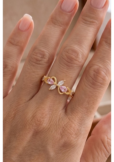 Gold Pembe Zirkon Fiyonk Çelik Yüzük Çok Renkli