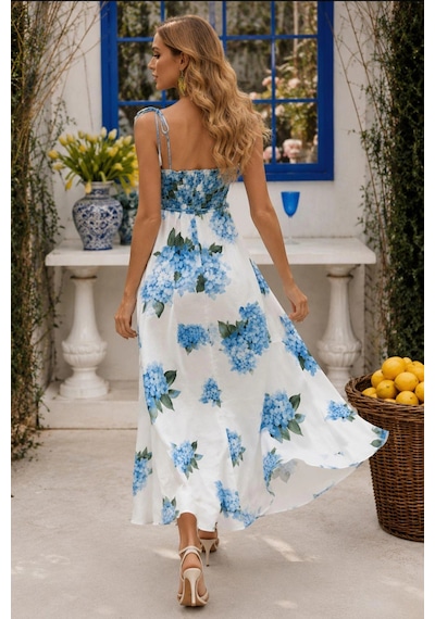 Asprinfashion Mavi Ortanca Çiçek Desenli Askılı Midi Elbise