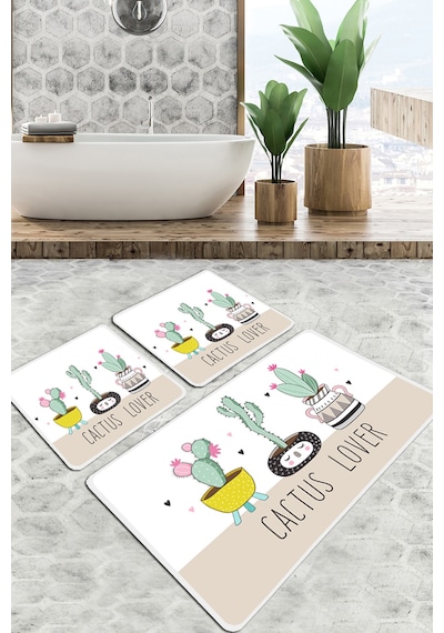 Pink Cactus Banyo Halısı Djt 3 Lü Set Banyo Paspası Kaymaz Tabanlı Klozet Takımı Beyaz