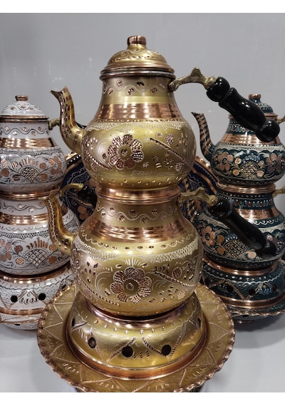 İşlemeli Bakır Çaydanlık- Osmanlı Ocaklı Bakır Demlik Takımı Altın