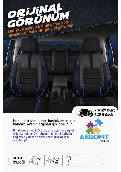 Vw Caddy 3 Phantom Siyah Mavi Tüyü Ticari 2+1 Oto Koltuk Kılıfı Tam Set -ortopedik-kolay Montaj-terletmez 2015 - 2020