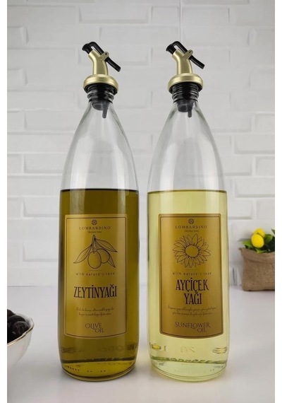 Lombardino Vetro 2'li Zeytinyağı Ve Sıvıyağ Şişesi Gold Etiketli Yağdanlık 1000 Ml Sh-0024