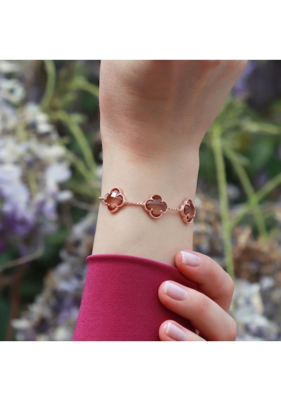 3 İkonik Alhambra Yonca Zultanit Taşlı Rose Gold Kaplama Asansörlü Bileklik Gümüş