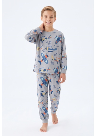 Bunny Hopp Erkek Çocuk Uzun Kollu Pijama Takımı %100 Pamuk Vintage Uçak Desenli Penye Gri
