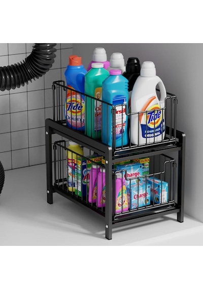 Çok Amaçlı 2 Raflı Raylı Sepet Düzenleyici Banyo Mutfak Lavabo Altı Dolap İçi Tezgah Üstü Organizer Siyah