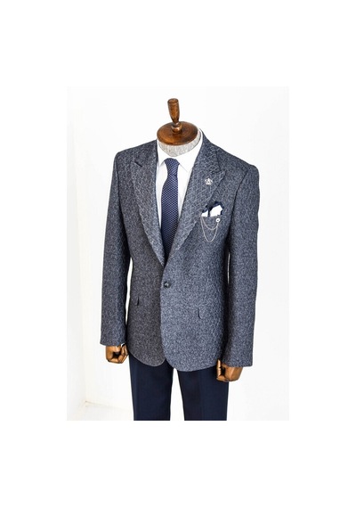 Wessi Kendinden Desenli Slim Fit Yün Erkek Lacivert Ceket Taba