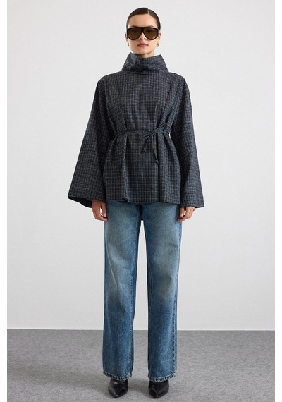 Olcay Degaje Yaka Oversize Kareli Bluz Antrasit 9839