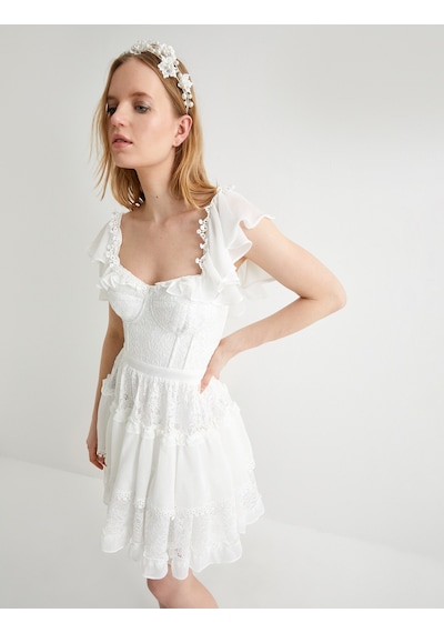 Koton Mini Dantelli Elbise Bridal Kısa Tül Kol Kalp Yaka Astarlı Kırık Beyaz 4sak80021fw Ekru Koton Mini Dantelli Elbise Bridal Kısa Tül Kol Kalp Yaka Astarlı Kırık Beyaz 4sak80021fw Ekru