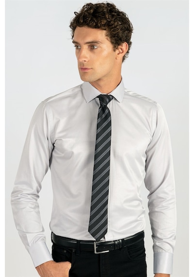 Tudors Modern Slim Fit Düz Saten Erkek Gömlek-24820 Gri