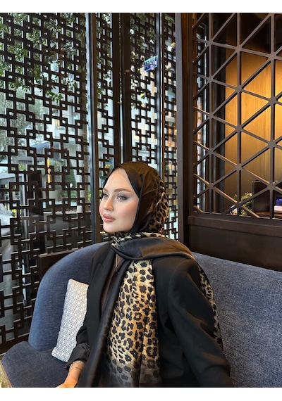 Miorel Scarfs Leopar Desen Vual İpek Şal Fular Silk Scarfs Shawl Hijab Siyah