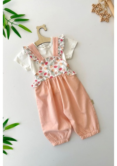Miniğimin Cicileri Gül Desenli Fırfır Askılı Kız Bebek Şort Tulum 2 Li Takım - Somon Miniğimin Cicileri Gül Desenli Fırfır Askılı Kız Bebek Şort Tulum 2 Li Takım - Somon