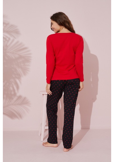 Siyah İnci Pamuklu Örme Pijama Takım 24241083 Kırmızı