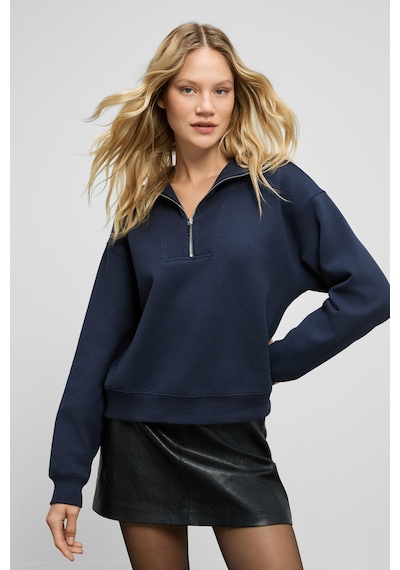 Grimelange Endora Kadın Yumuşak Polarlı Kumaşlı Yakası Fermuarlı Regular Lacivert Sweatshirt Lacivert