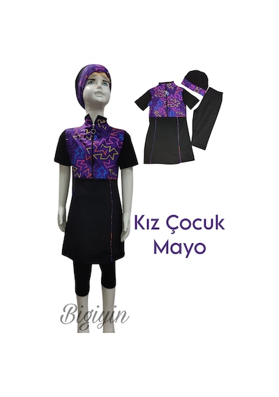 Bigiyin Yarım Kol Çocuk Mayo Fermuarlı Çocuk Mayosu Kısa Kol Mayo Kız Çocuk Mayo Siyah