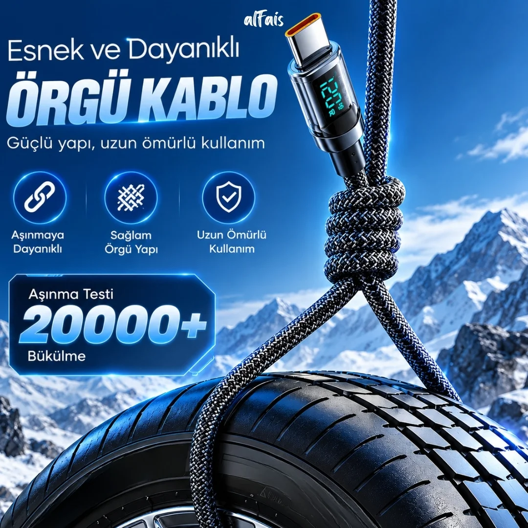 Usb Type C Hızlı Telefon Data Şarj Kablosu Led Ekranlı Dijital 120w Veri Kablosu 1 Metre