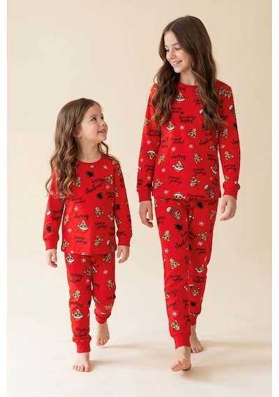 Zuzunga Kız Çocuk Yılbaşı Temalı Tiger Desenli Uzun Kollu Pijama Takımı Kırmızı