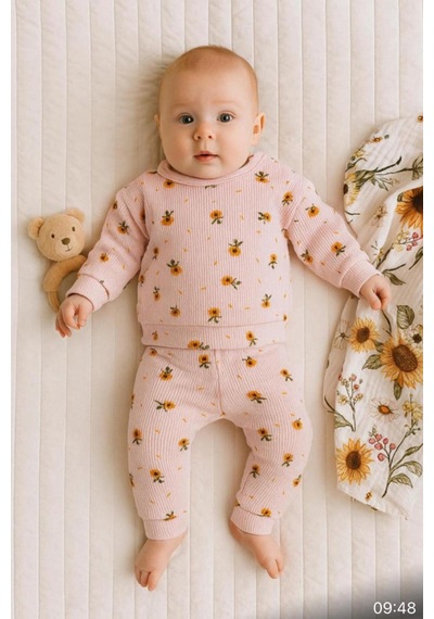 Altıntaş Baby Papatya Desenli Waffle Kumaş Oversize 2'li Kız Bebe Takımı Pembe Pembe