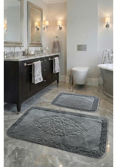 Şile Yumuşacık Süper Emici 2'li%100 Pamuk Ultra Lüks Banyo Paspası Seti Antrasit 60x100 Cm Çok Renkli