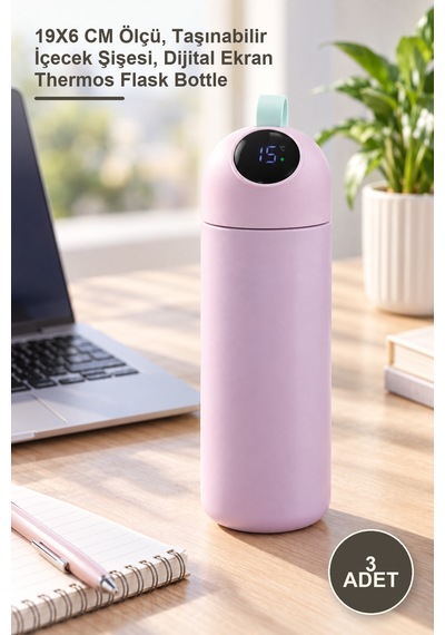 3 Adet Dijital Göstergeli Termos 19x6 Cm Ölçü, Taşınabilir İçecek Şişesi, Dijital Ekran Thermos Flask Bottle