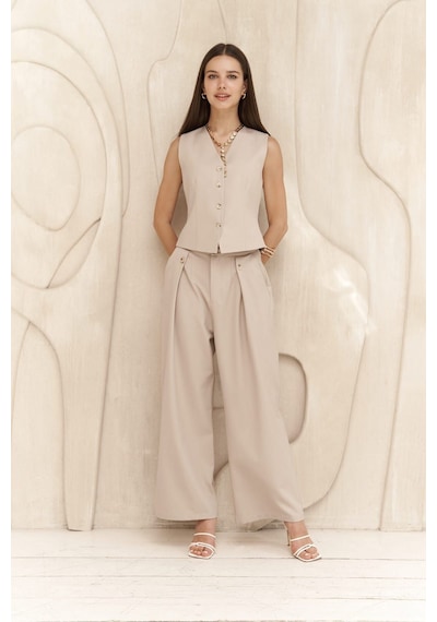 Mai Collection Mai Studios Co. Diaz Düğme Detaylı Koyu Bej Pantolon Koyu Bej