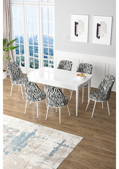 Canisa Concept Zen Serisi 80x132 Mdf Açılabilir Beyaz Masa Takımı Ve 6 Zebra Sandalye Masa Beyaz 6 Sandalye Zebra Desen Canisa Concept Zen Serisi 80x132 Mdf Açılabilir Beyaz Masa Takımı Ve 6 Zebra Sandalye Masa Beyaz 6 Sandalye Zebra Desen