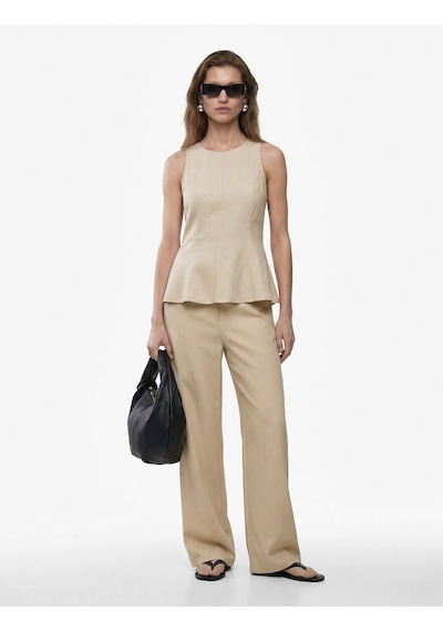 Koton Straight Fit Cepli Düz Bol Paça Keten Pantolon Vizon 6sak40009ew