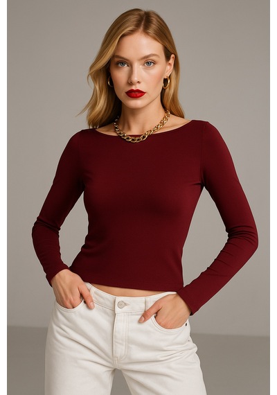 Wild Bee Kadın Bordo Kayık Yaka Uzun Kollu Bluz