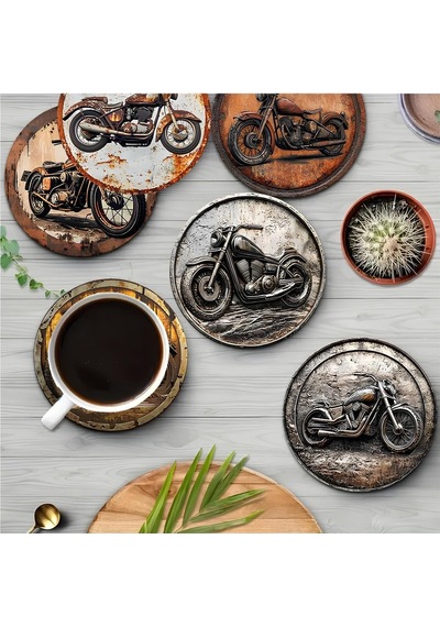 Kututr Retro Motosiklet Temalı 6'li Mdf Bardak Altlığı Seti 10 Cm Brd-034 Diğer