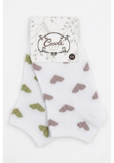 Cocole Socks Kız Bebek Patik Çorabı 2 Li Set Pamuklu Beyaz Zemin Üzeri Yeşil & Mürdüm Kalp Desenli Çok Renkli